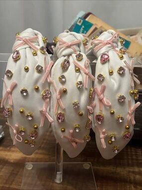 Embellished White Satin Headbands with Pink Bows & Rhinestones • SET OF 3
